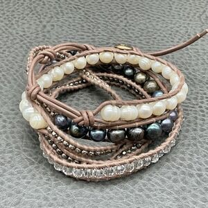 LIZOU Wrap Bracelet Beaded Brown Leather Pearl Crystal Brass Button Tone Jewelry